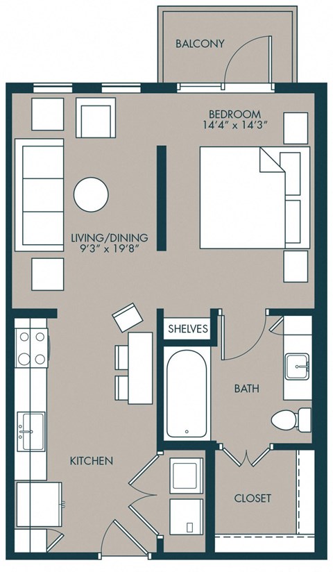 A studio floorplan with 600 SF at McKinney Village, Texas